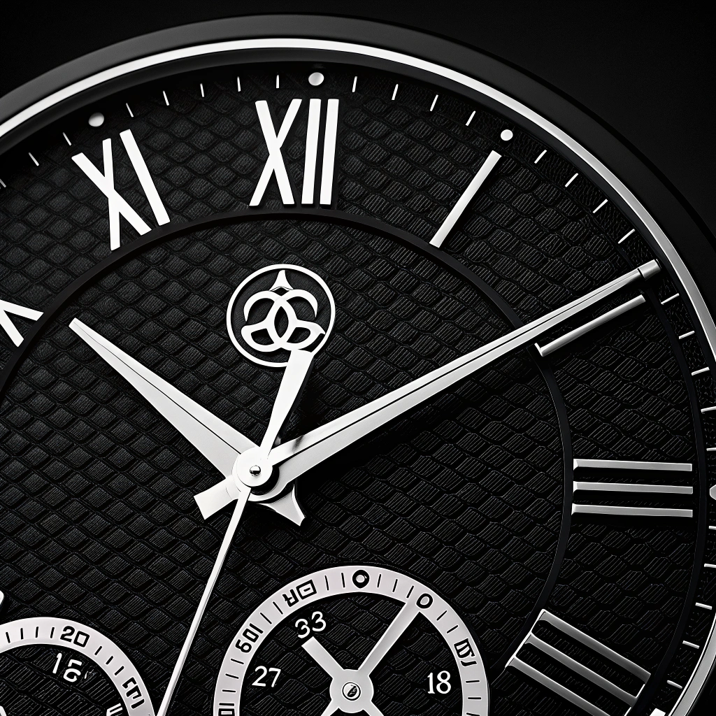 AI generated image by Red Panda AI: Black background, white clock hands with fashionable and minimalist design; Partial view, only the hour and minute hands are visible, displaying 23:59