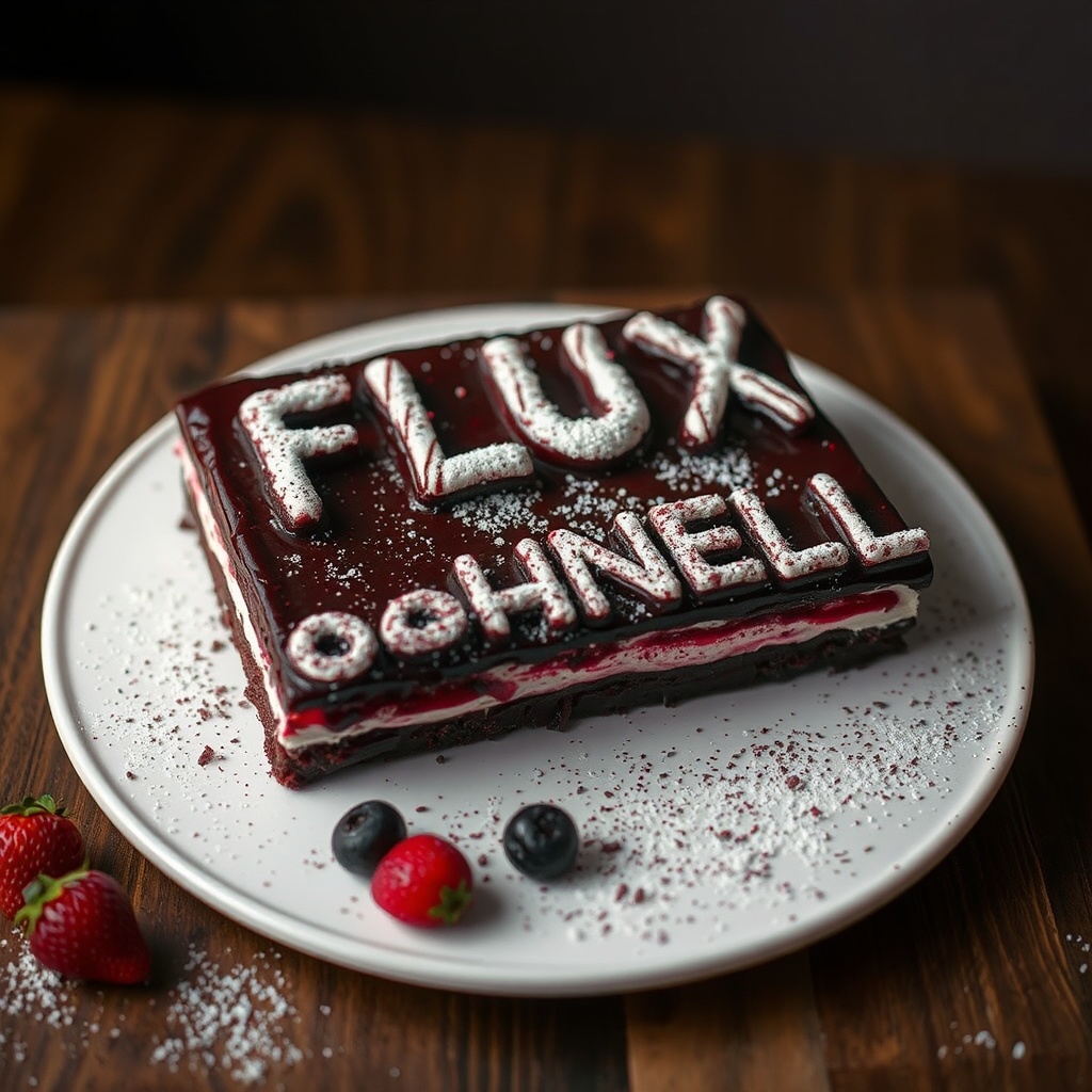 AI generated image by FLUX.1-schnell: black forest gateau cake spelling out the words "FLUX SCHNELL", tasty, food photography, dynamic shot