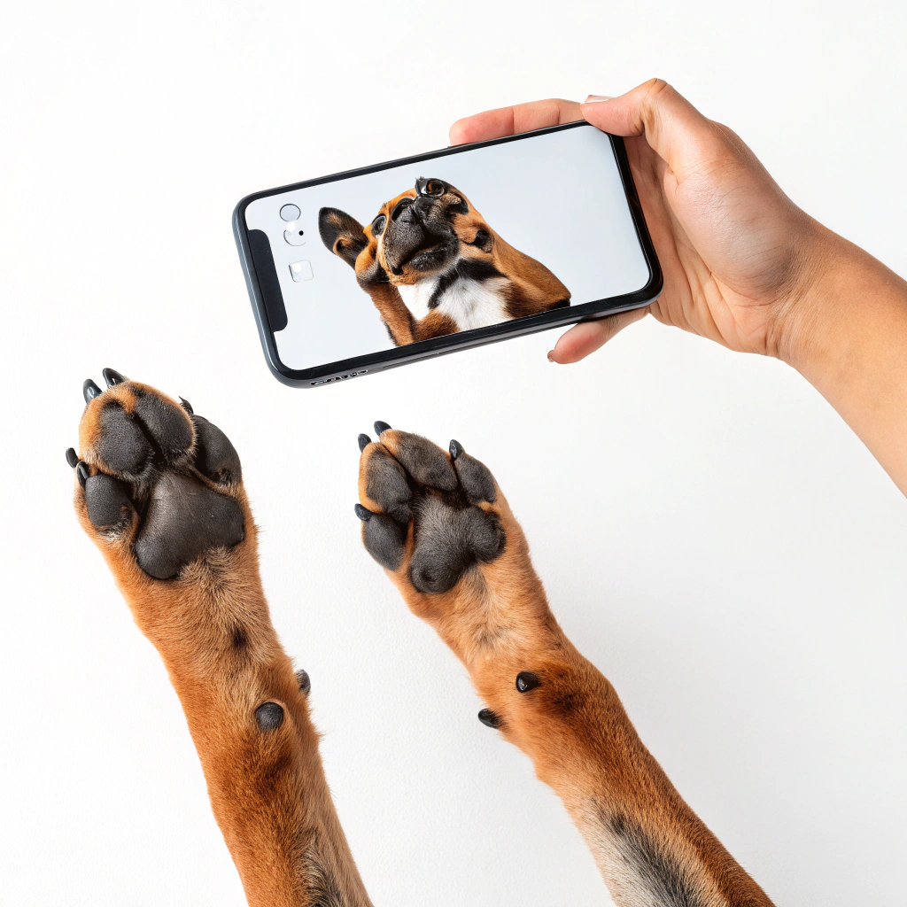 AI generated image by Red Panda AI: una pata del perro sosteniendo un telefono inteligente por debajo y la otra pata esta picando a la pantalla por arriba en la esquina de la pantalla 