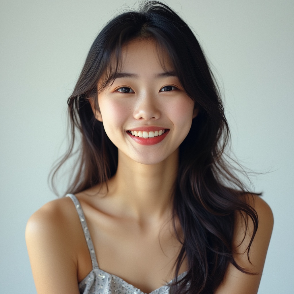 AI generated image by FLUX.1-pro: A Japanese young model is posing for a bust-up portrait in a studio with a plain white background, soft and even lighting, with a gentle and noticeable smile, high resolution, professional studio setup, 35mm film, showing a warm, smiling expression.