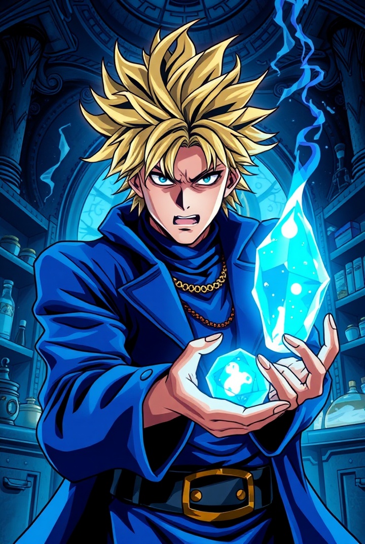 AI generated image by FLUX.1-schnell: A dramatic image in Jojo Bizarre Adventure anime style. Image of a young-adult arch wizard. Jojo pose. Messy blond hair. Blue flamboyant outfit. He is holding a glowing blue crystal. Nervous expression. Magic laboratory in the background. Bold lines, stark colored contrasts. Dramatic angle. Make the image even more in Jojo style.