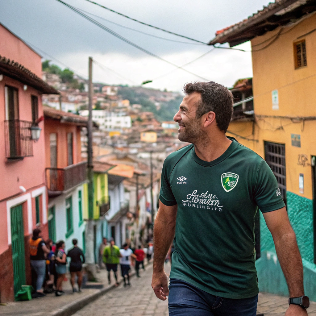 AI generated image by Red Panda AI: Arthur Morgan con una camiseta de Atletico nacional de Colombia y paseando por Medellin