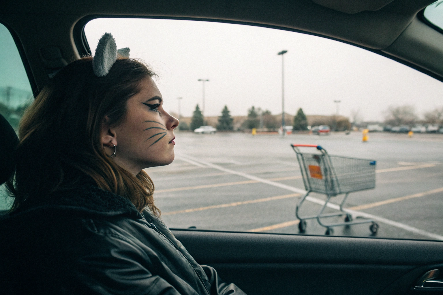 AI generated image by Red Panda AI: Create an image characterized by soft, muted tones and simplified forms. Picture a woman sitting alone in her car, parked in a grocery store lot. Her gaze is fixed straight ahead, and she wears whimsical cat makeup. The scene captures a sense of solitude and introspection, with minimalistic details and a serene, almost timeless atmosphere. view from outside of her car about 10 feet away along with one grocery cart in distance 