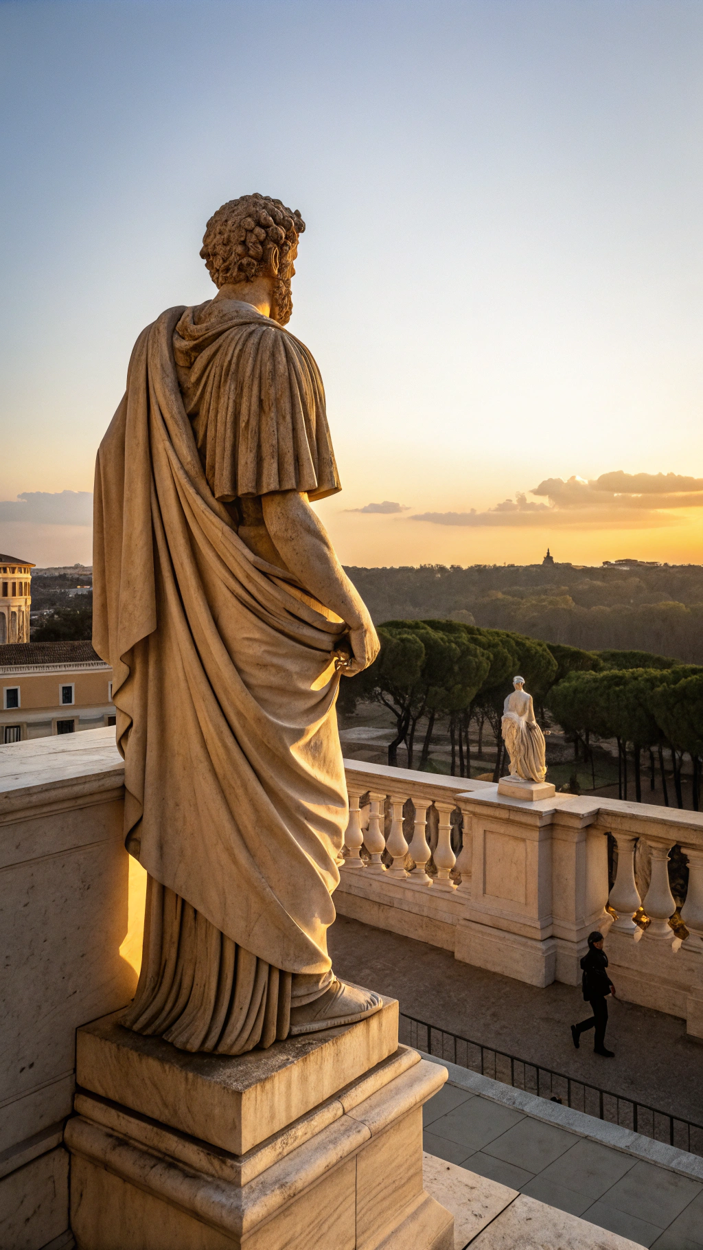 AI generated image by Red Panda AI: Marco Aurelio, el emperador romano, de pie en un balcón de mármol de su palacio, mirando al horizonte con un rostro sereno pero reflexivo. La luz dorada del atardecer ilumina su figura, y en la lejanía, un mensajero llega corriendo con noticias urgentes. Su túnica imperial ondea con el viento, reflejando su majestuosidad y control emocional."