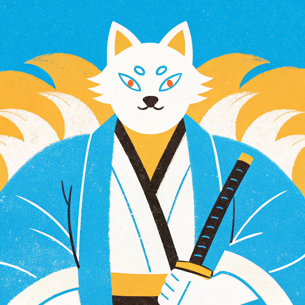 AI generated image by FLUX.1-schnell: anime style drawing, White-haired slightly muscular male kitsune with red eyes wearing a kimono