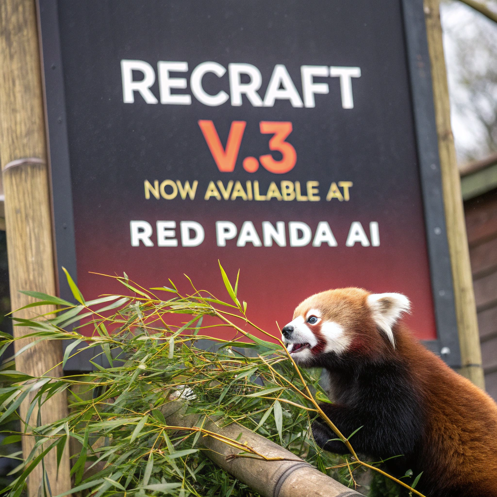 AI generated image by Red Panda AI: a red panda eating a bamboo in front of a poster that says "recraft V3 now available at red panda ai