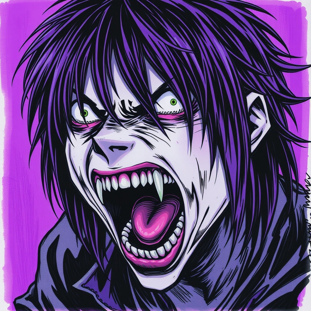 AI generated image by FLUX.1-schnell: an anime character screaming in rage, insane, psychotic, in the style of dark black and purple, detailed atmospheric portraits, brazilian phonk music style art, grindcore, made of all of the above, wandering eye, blink-and-you-miss-it detail, psychological terror, sketch --niji 5 --ar 16:9

