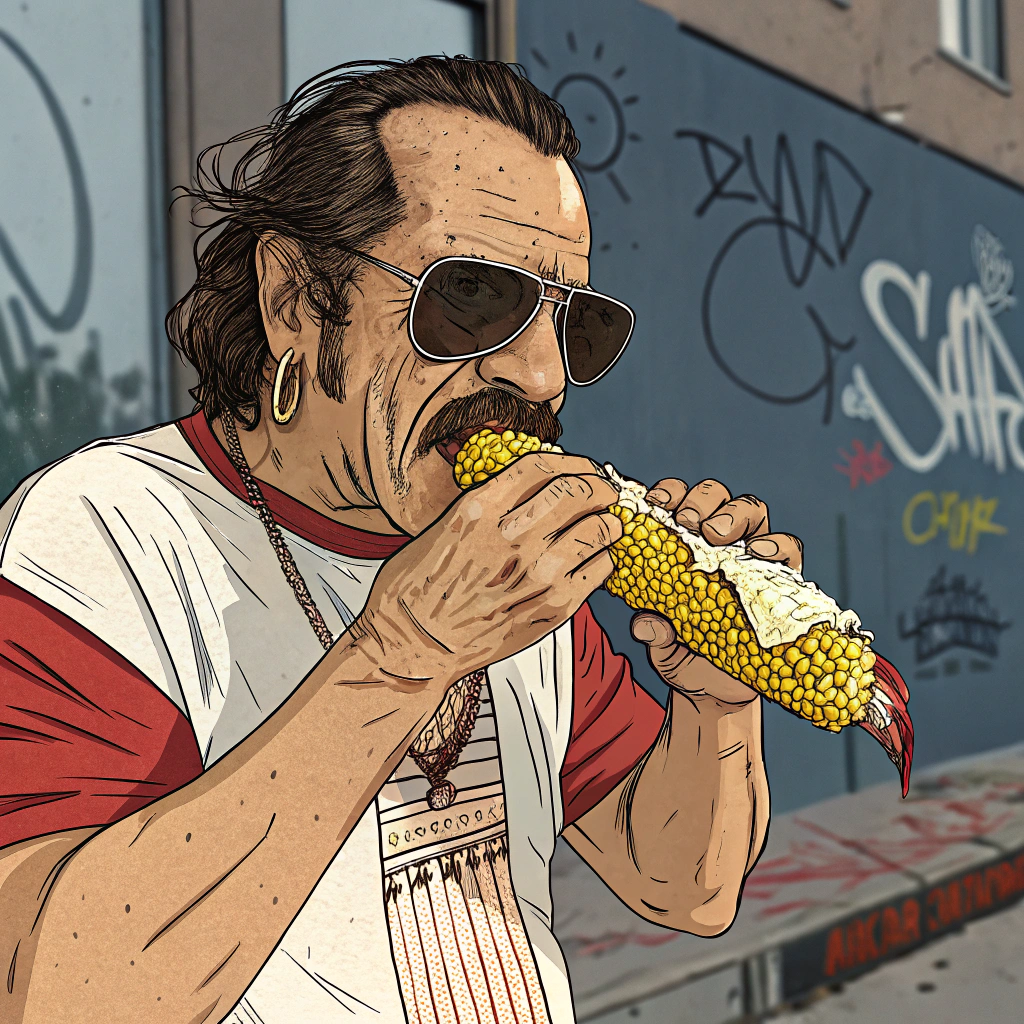 AI generated image by Red Panda AI: Ilustración tipo caricatura de un hombre estilo chavorruco, de torso hacia arriba, comiendo un elote con mayonesa, chile y queso. Tiene bigote prominente, lentes oscuros vintage, cabello despeinado con entradas, y viste camiseta de banda de rock o retro. Estilo de dibujo caricaturesco, con líneas marcadas y colores vivos. Fondo urbano con detalles desenfadados como graffiti o murales. Formato horizontal, ideal para portada de Facebook