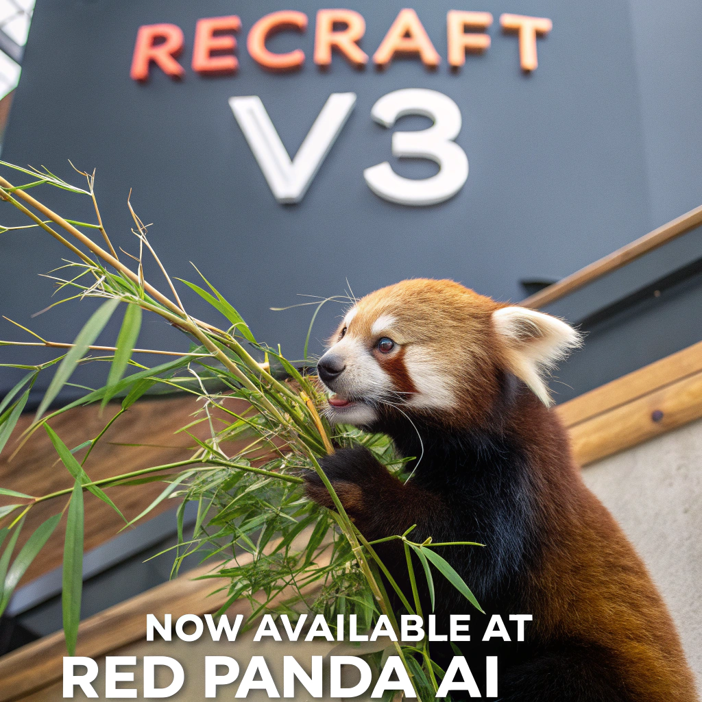 AI generated image by Red Panda AI: a red panda eating a bamboo in front of a poster that says "recraft V3 now available at red panda ai