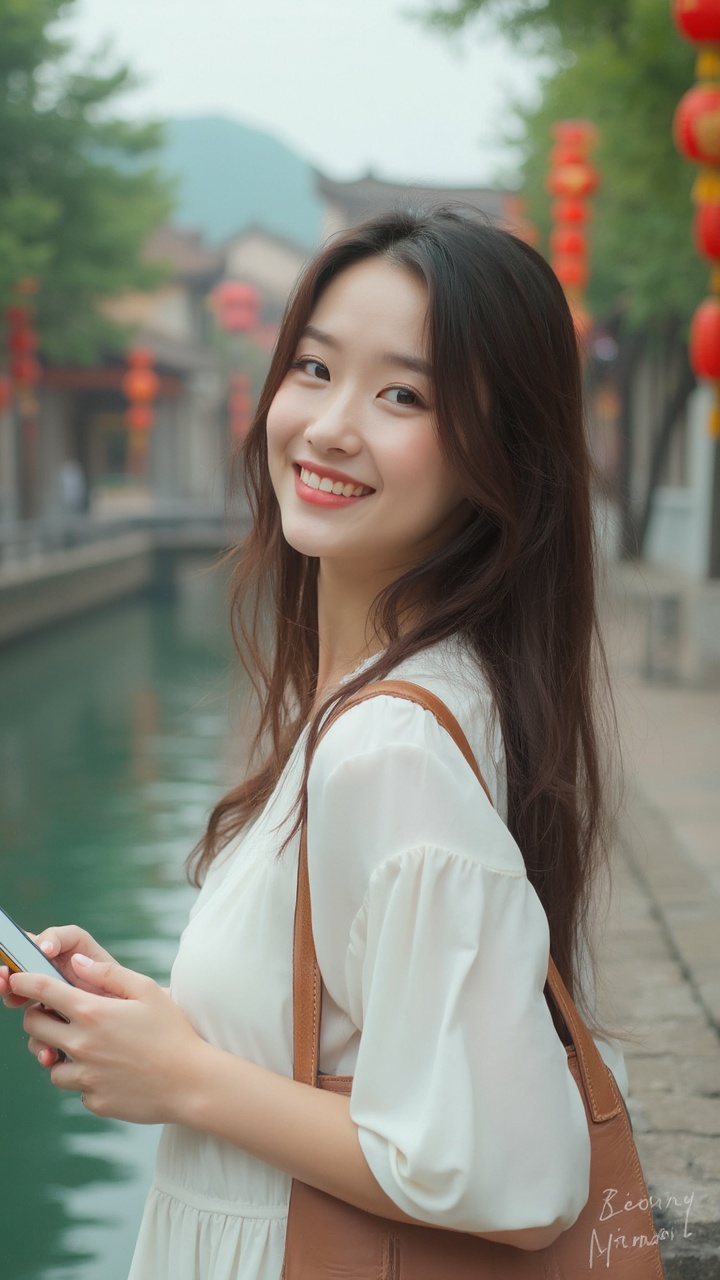 AI generated image by FLUX-Realism-Lora: ﻿
﻿
﻿
Asian girl, a young woman standing in a scenic outdoor setting, smiling at the camera,a woman with long brown hair wearing a white blouse stands by a canal in a picturesque outdoor setting, surrounded by trees and buildings with red lanterns,a person holding a phone near a body of water, wearing a white dress,a close-up of a woman's hand resting on a concrete ledge near a body of water, wearing a white dress and carrying a brown bag
﻿