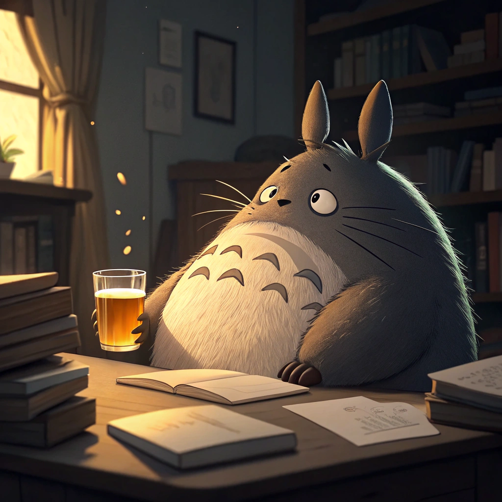 AI generated image by FLUX.1-schnell: Ghbli's character totoro druken on desk and hold the glass of beer