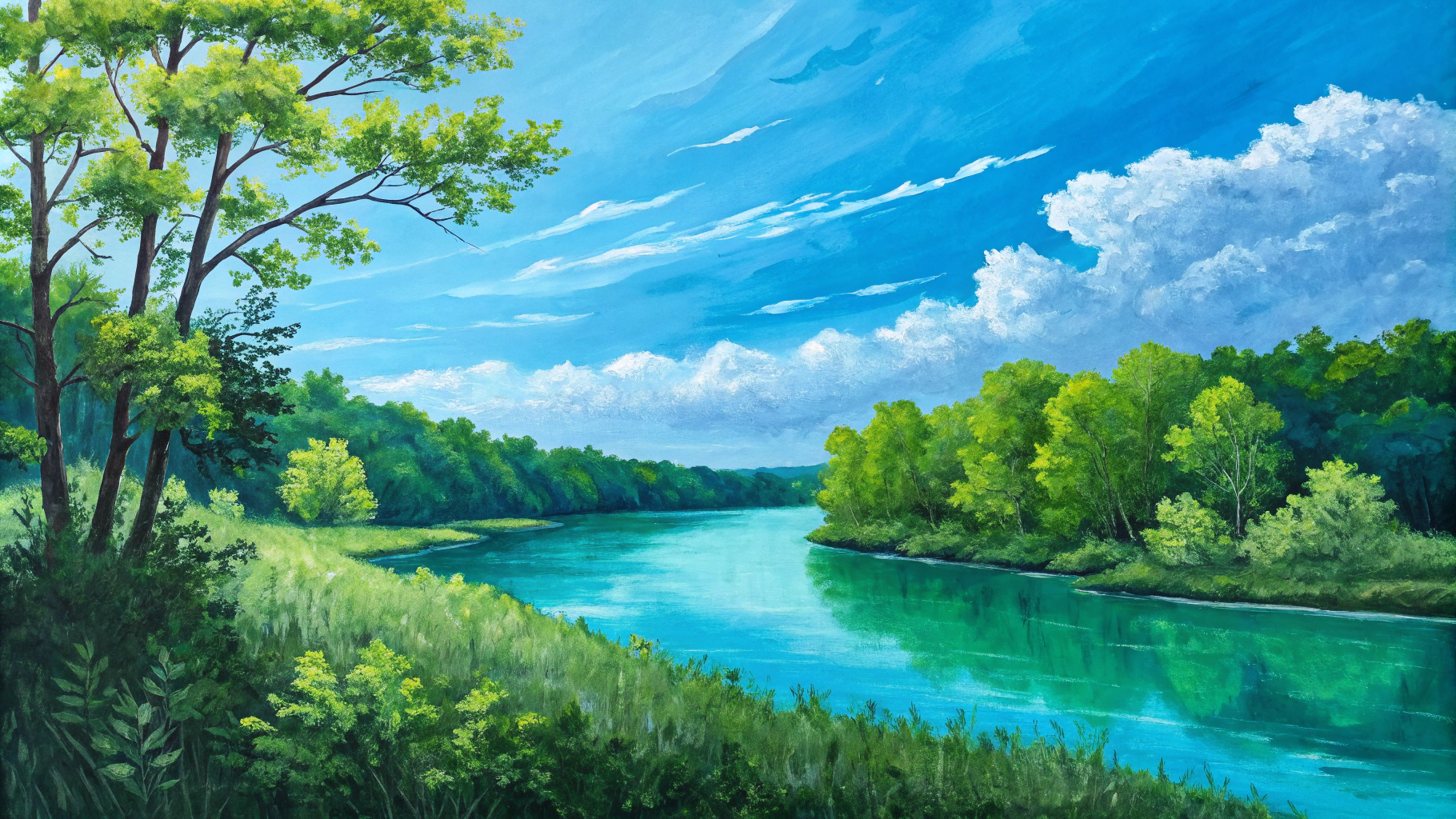 AI generated image by Red Panda AI: a painting, main colors blue and green, nature, modern