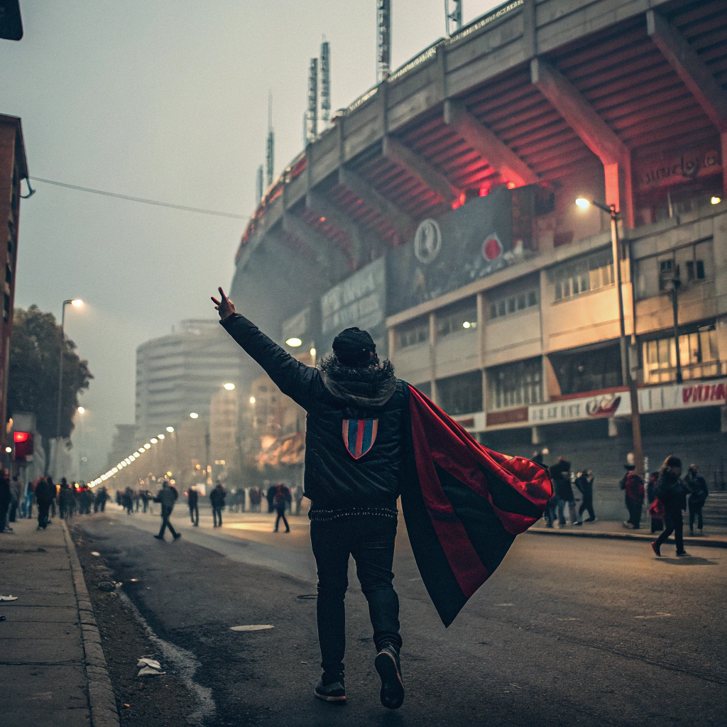 AI generated image by Red Panda AI: crea una imagen de un hincha de independiente aletando por las calle de avellaneda, con el fondo que se vea el estadio de independeinte y mas atras el estadio de racing. en muy buena calidad con filtros parecedio a cuyidad gotica en la pelicula de batman