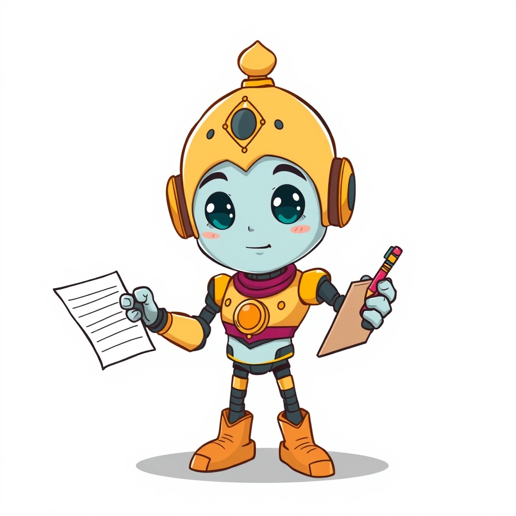 AI generated image by FLUX.1-schnell: Draw a cartoon character that looks part robot and part genie like the Alladin genie mixed with a robot. Make him look like an ai robot slash genie coming out of a genie lamp with a notepad and pencil in his hand for taking notes.