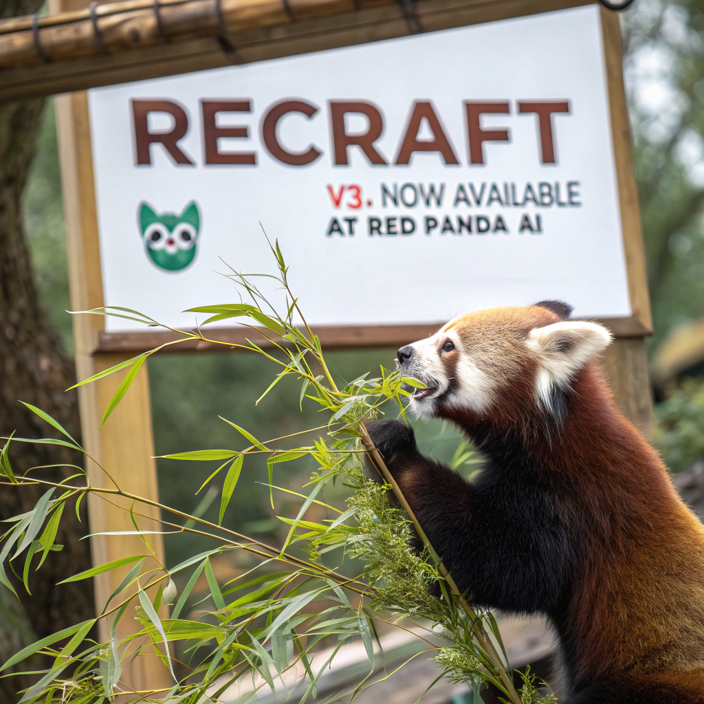 AI generated image by Red Panda AI: a red panda eating a bamboo in front of a poster that says "recraft V3 now available at red panda ai