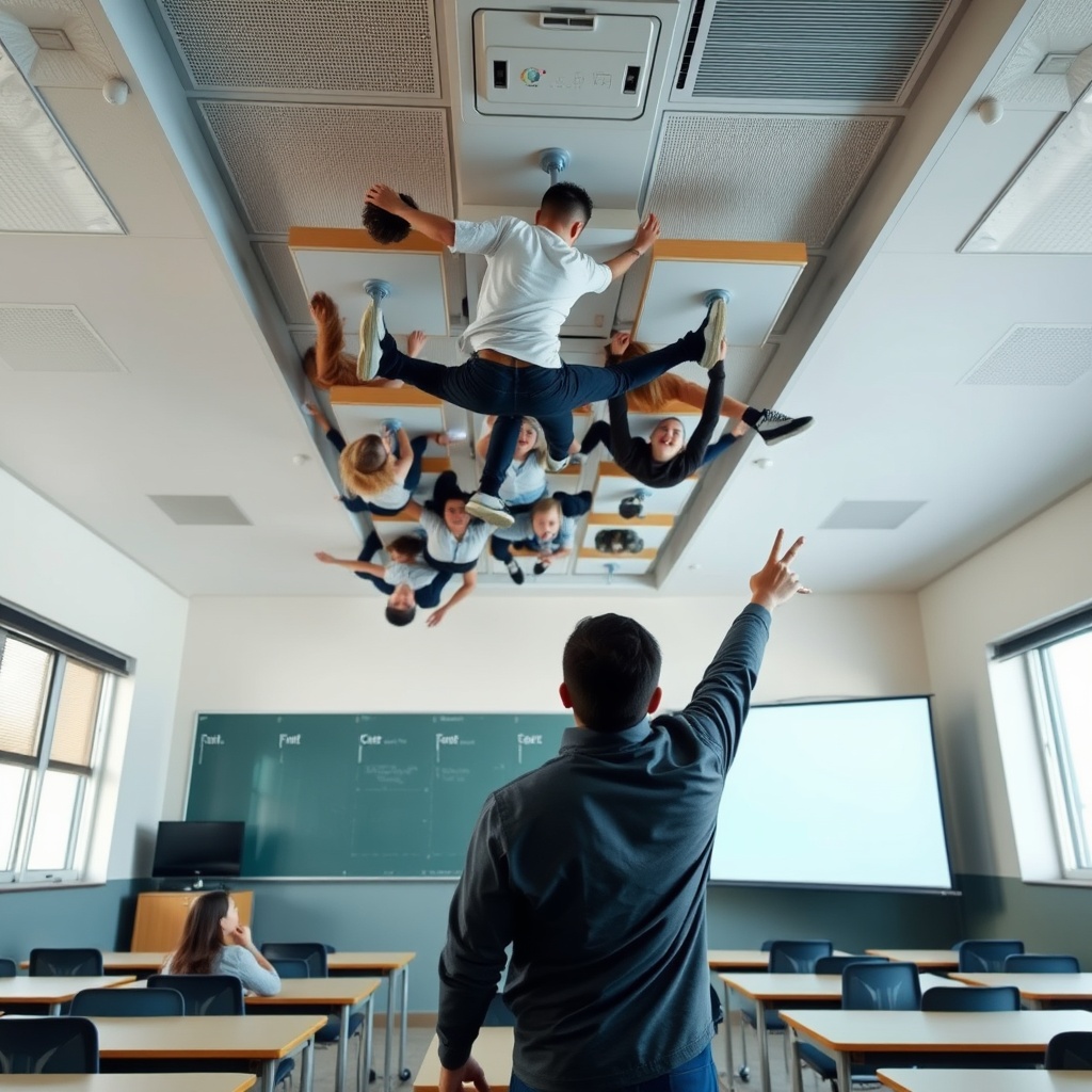 AI generated image by FLUX.1-schnell: flipped classroom with students at theur desks on the ceiling and teacher on the ground pointing to projection board