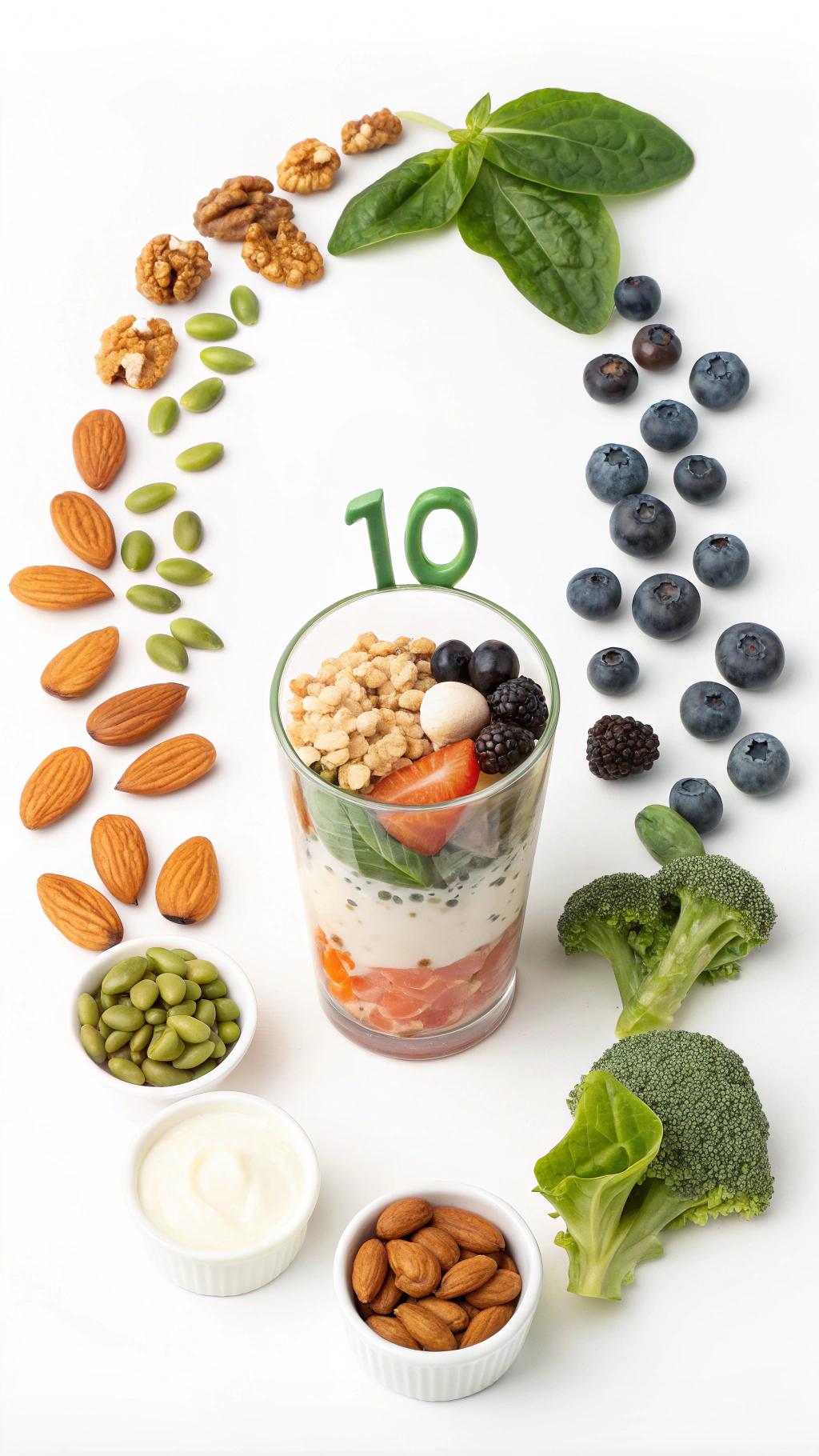 AI generated image by Red Panda AI: Super realistic image from the front, detaching the number 10, being surrounded by olive oil inside small glass, various nuts, salmon meat, oats, broccoli, blueberries, garlic, yougurte, spinach, beans.