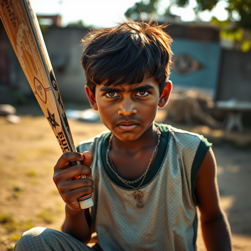 AI generated image by FLUX.1-schnell: a indian boy palying cricket and his face sad and verry hot sunlight spread his face