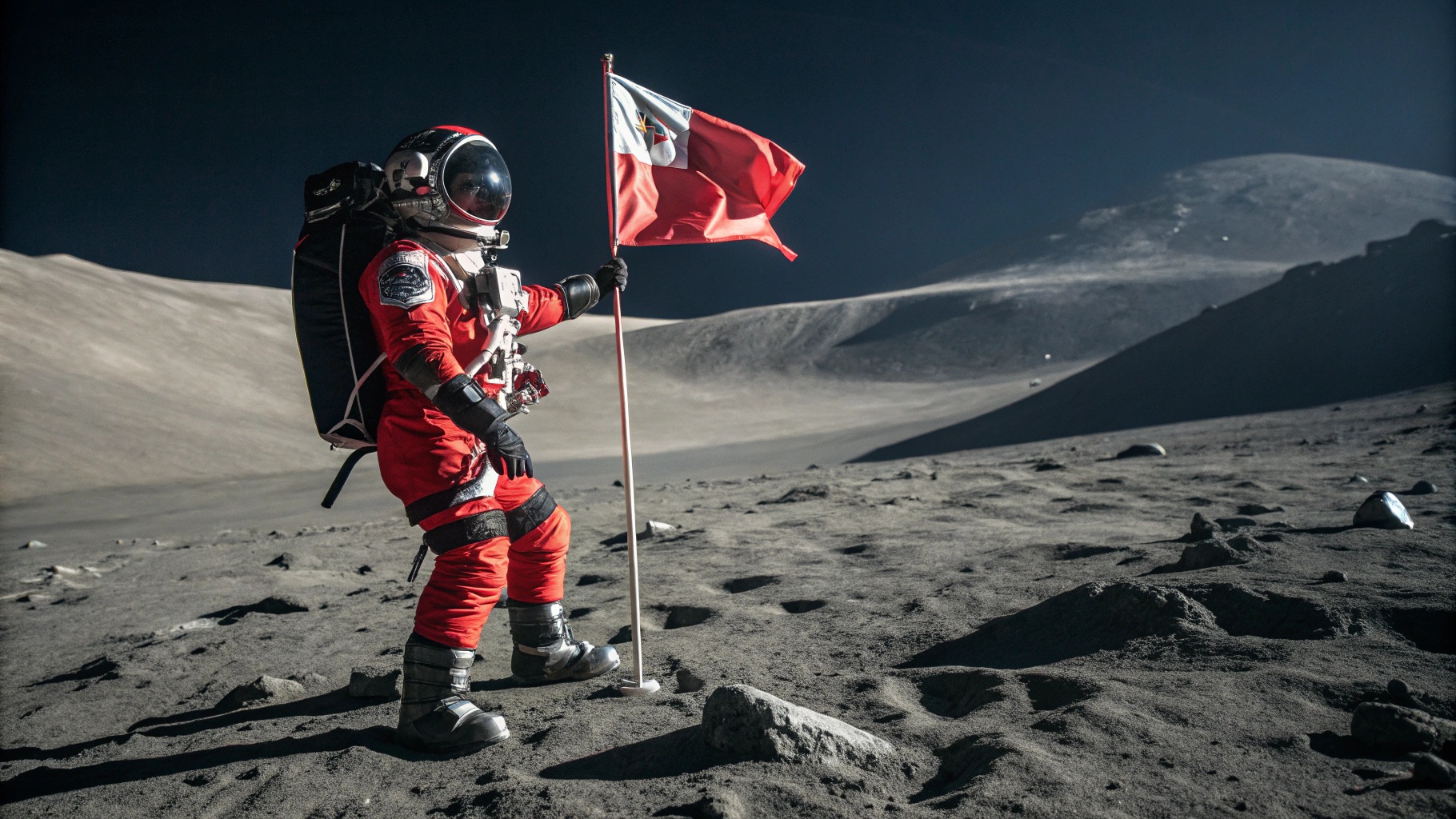 AI generated image by FLUX.1-schnell: A spaceman on the moon wearing a red and black suit