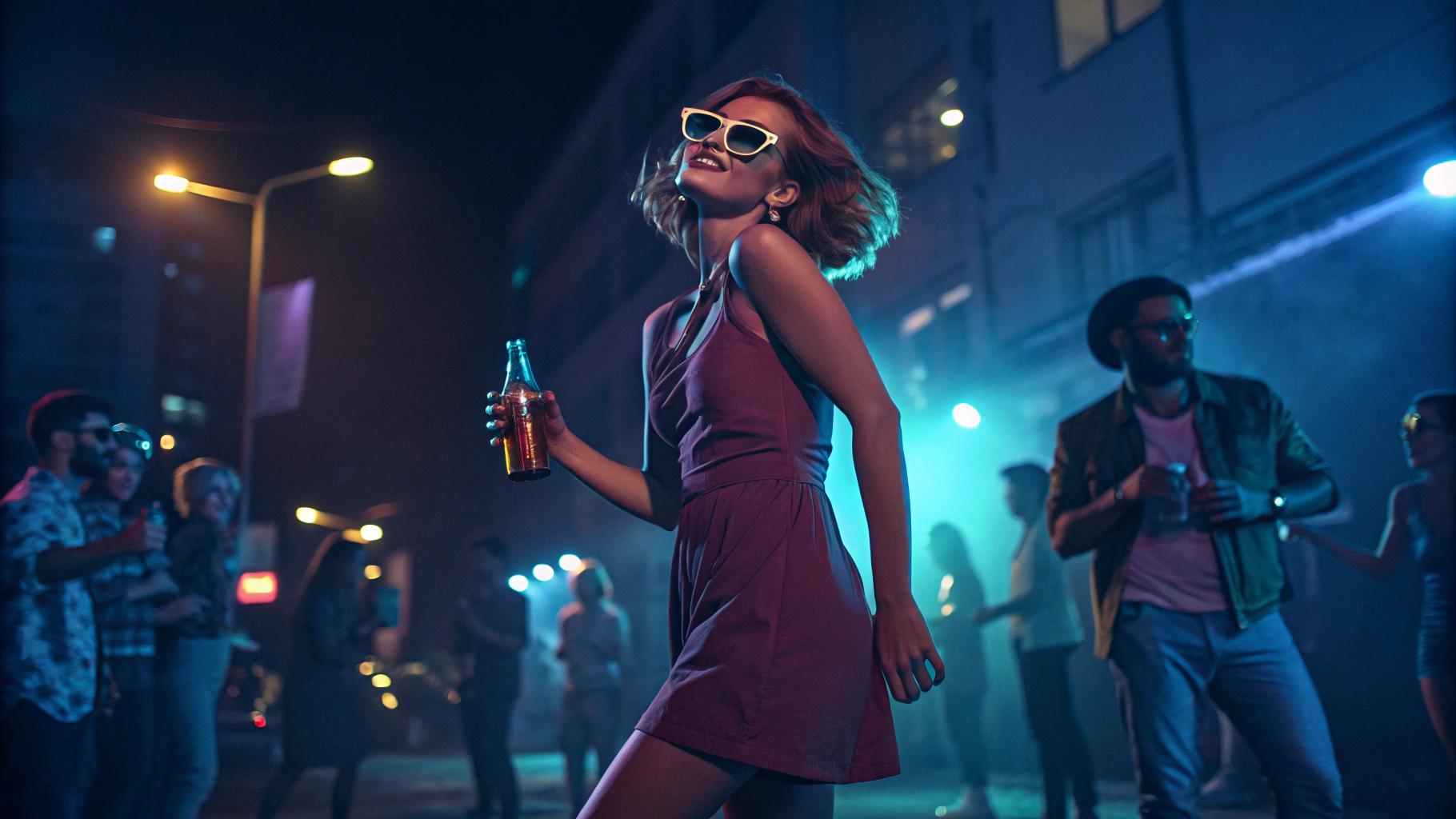 AI generated image by Red Panda AI: A woman at a nighttime party with a vibrant atmosphere, surrounded by people dancing. She’s wearing reflective sunglasses and a short dress, exuding a confident and energetic vibe. She is holding a glass with soda in her left hand, while the background is filled with dim lights and people enjoying the music. The scene captures the essence of an intense night out, with a modern and urban style