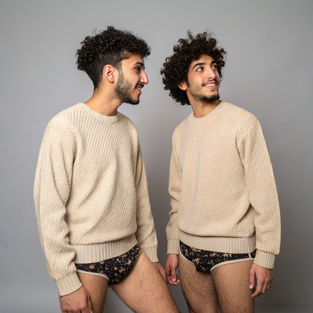 AI generated image by Red Panda AI: A photo of two young arab men with curly, messy hair. They are standing in a studio setting with a plain gray background. They are  wearing a  beige knit sweater and an ornamented black thong. They have a casual, relaxed posture. The overall impression is that of a simple, minimalist portrait-style photograph highlighting the subjects' casual, relaxed appearance.