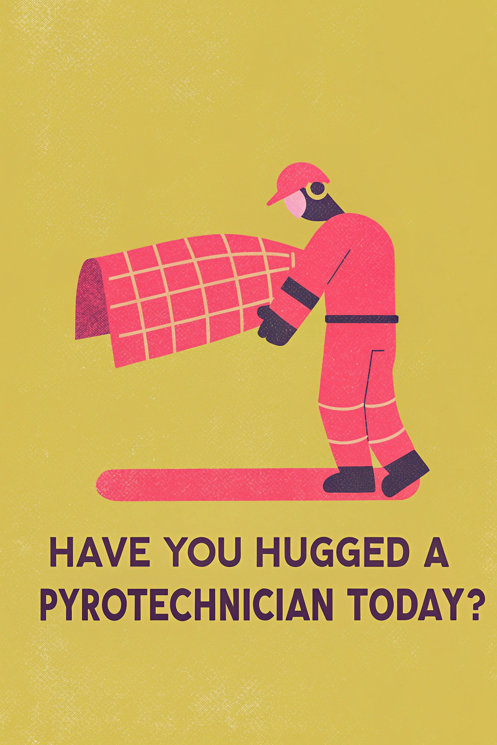 AI generated image by Red Panda AI: A humorous illustration of a firefighter wrapping a fire blanket around a pyrotechnician who is on fire with the text have you hugged a pyrotechnician today below the image in a bold black font