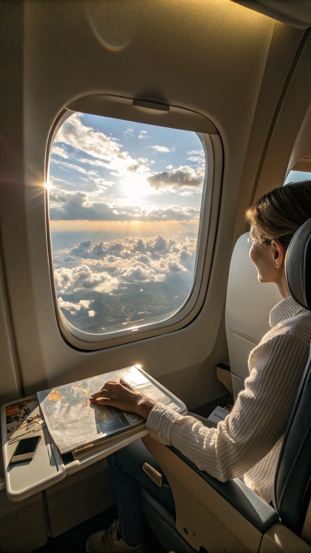 AI generated image by Red Panda AI: An airplane window view from inside the cabin with sunlight streaming in, showing the sky and soft clouds outside. The seat in front is slightly visible on the right side, casting a shadow. A soft hand reaching out toward the sunlight without any objects on the tray table. Warm natural lighting, emphasizing gentle shadows and highlights, creating a tranquil and serene atmosphere.