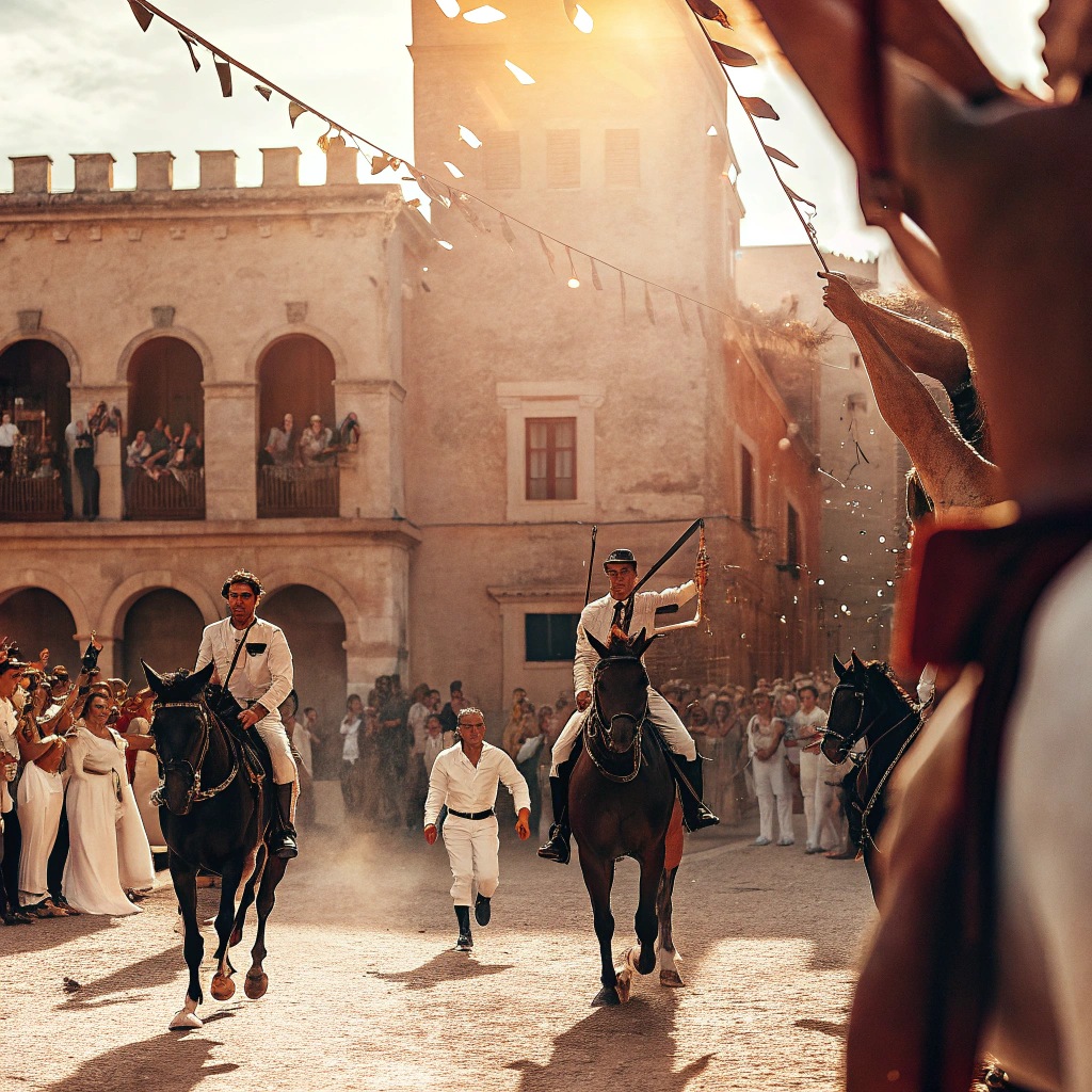AI generated image by Red Panda AI: quiero que me hagas las tipicas fiestas de sant jooan, tiene que ser para un cartel para promocionarlo, con la gente transmitiendo los valores, y  sentimentos de las fiestas, tiene que ser todo menorquin, ya que esta fiesta esta ubicada en ciudadela, piensa que los caballos puros menorquines sonn negros, y las ropas de los jinetes tipicas de jinetes de menorca, tambien que haya mucha gente dentro de la plaza