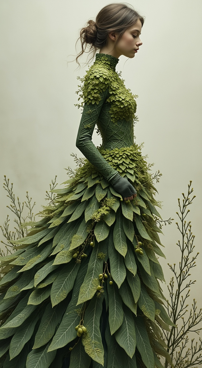 AI generated image by FLUX.1-pro: illustration, painting detail, openness,unusual poses, angles. double exposure. in anatomical art style. a girl against a background in a long 3D dress made of olive  moss and  white mint lichen. Volume layers. dress with a long flowing train, three-dimensionality, random pictures, divine botanical geometry, vortex dress