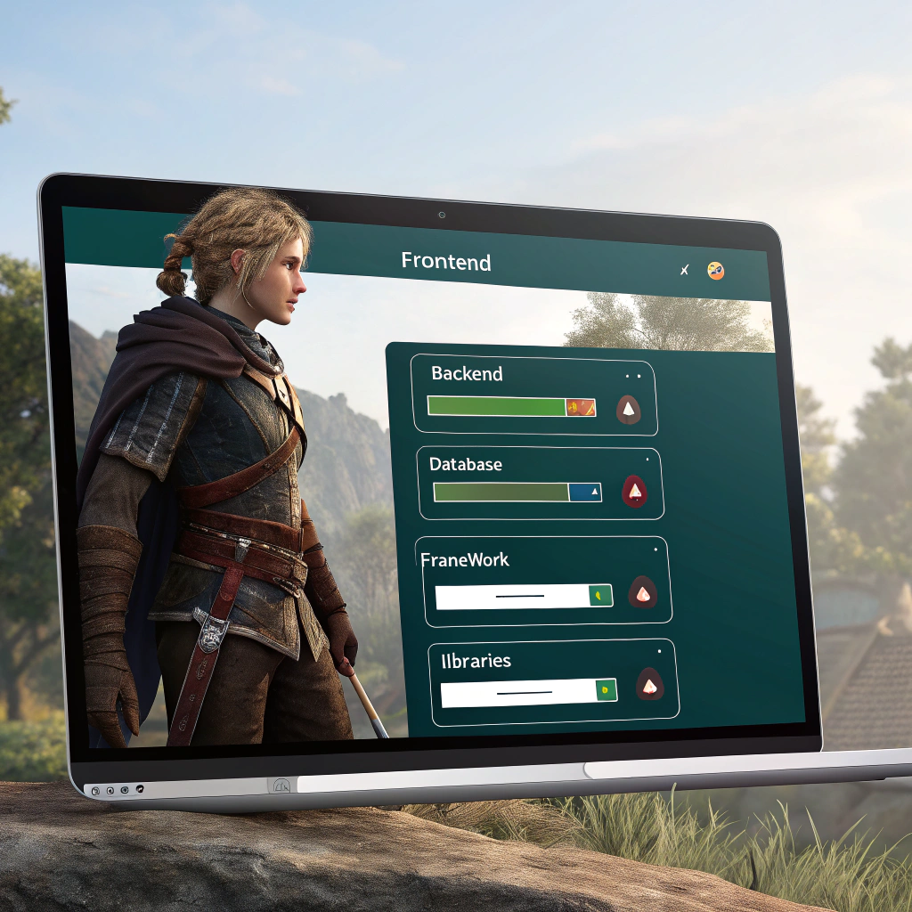 AI generated image by Red Panda AI: Genera una interface para ver las estadísticas de un personaje de un videojuego, donde las estadísticas principales son Frontend, backend, Database, Framework, Librerias, Evita mostrar algo q no sea la interface del videojuego como el fondo o cosas fuera de la pantalla de la interface