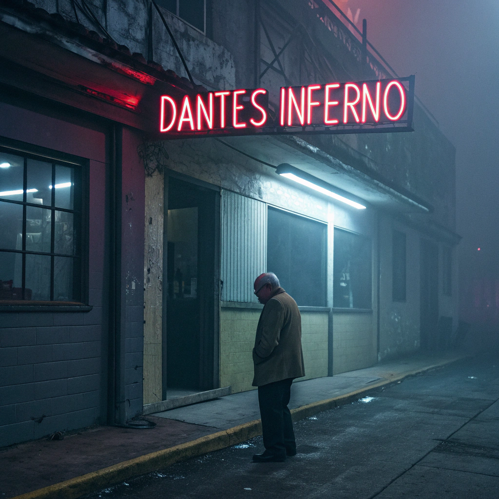 AI generated image by Red Panda AI: An old man spotting a rundown bar in the distance with neon red letters above the frontdoor saying Dantes Inferno. In a gloomy and foggy evening light