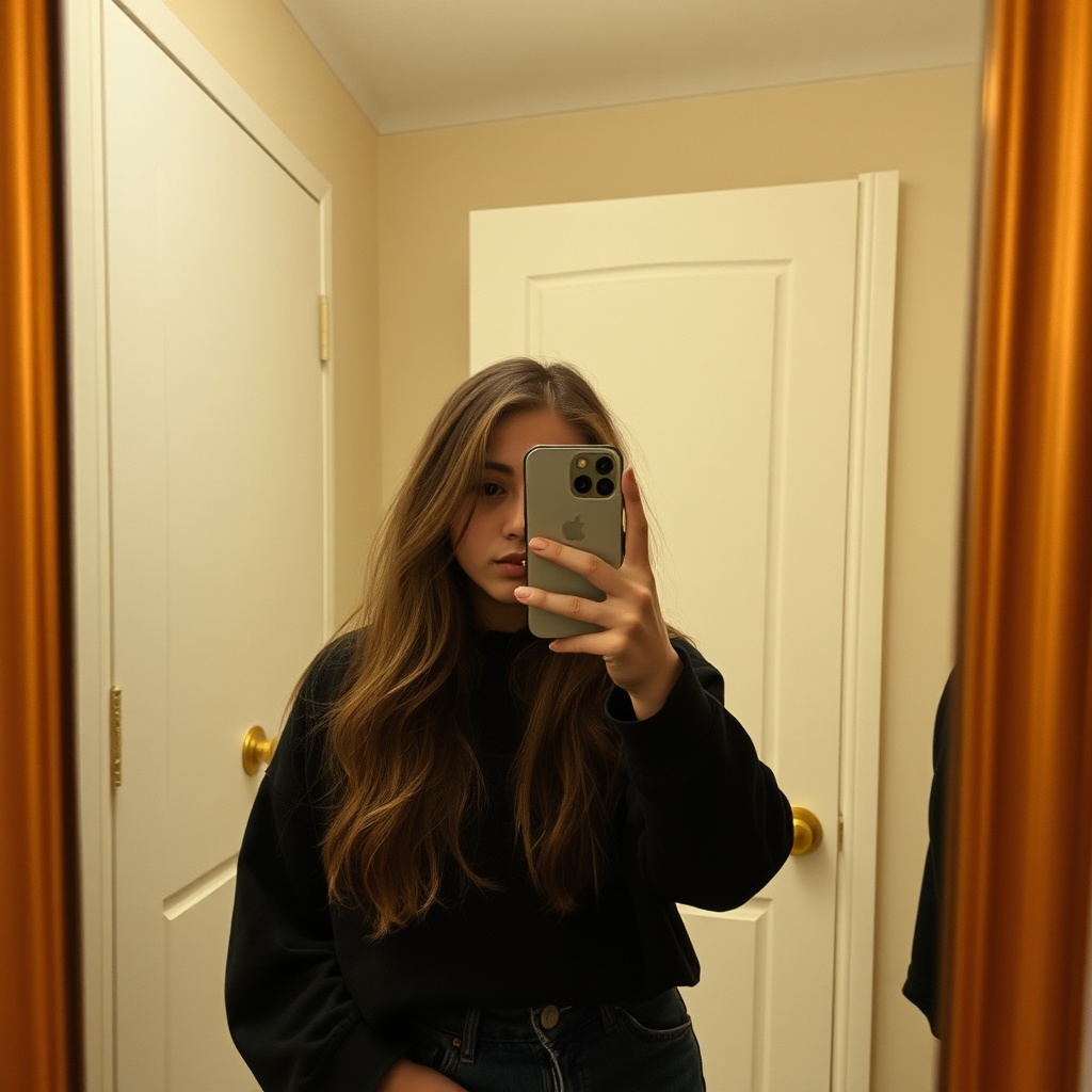 AI generated image by FLUX.1-schnell: teen girl taking mirror selfie from her iphone 15 pro golden color