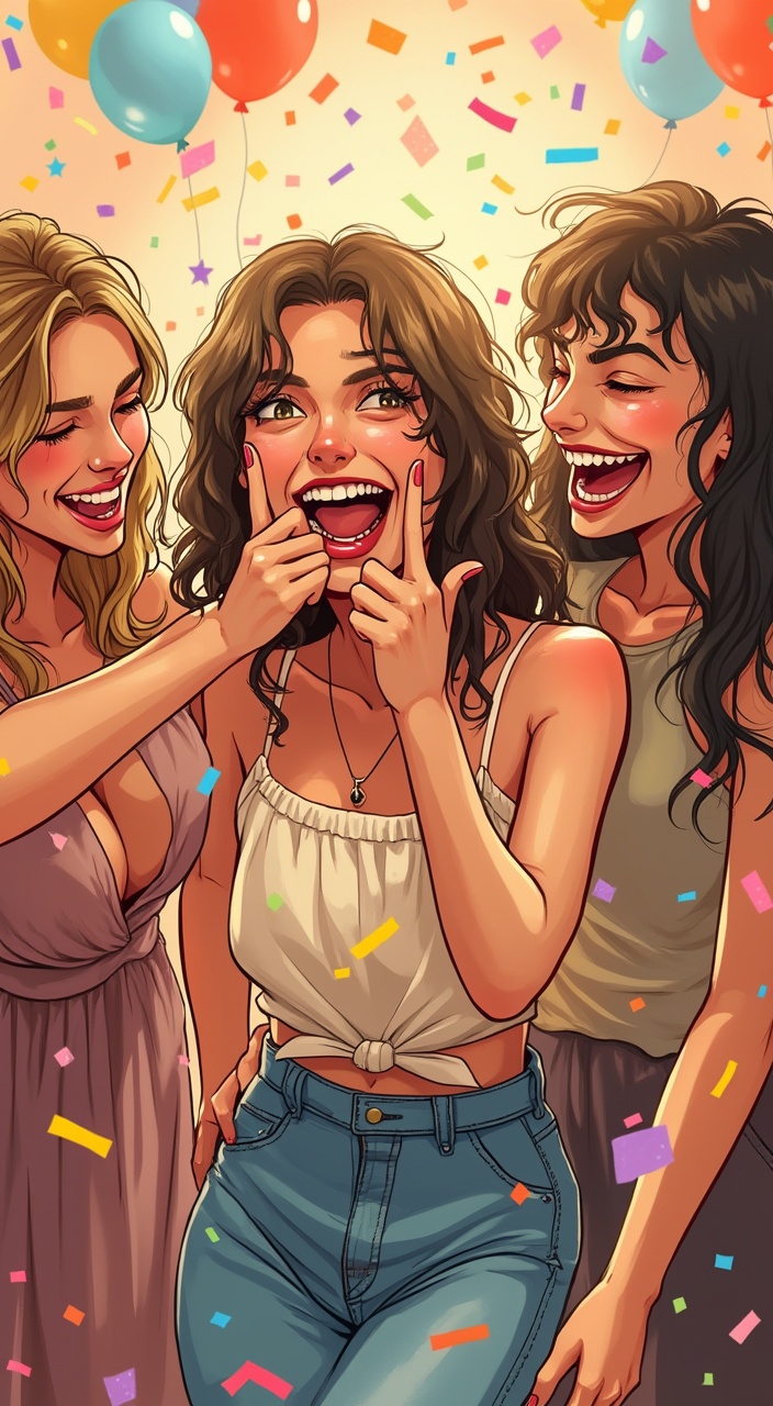 AI generated image by FLUX.1-pro: The character making a comical biting gesture, with a funny expression. You are surrounded by friends laughing and enjoying yourself in a festive atmosphere, like a birthday party. Colored hand sketch style