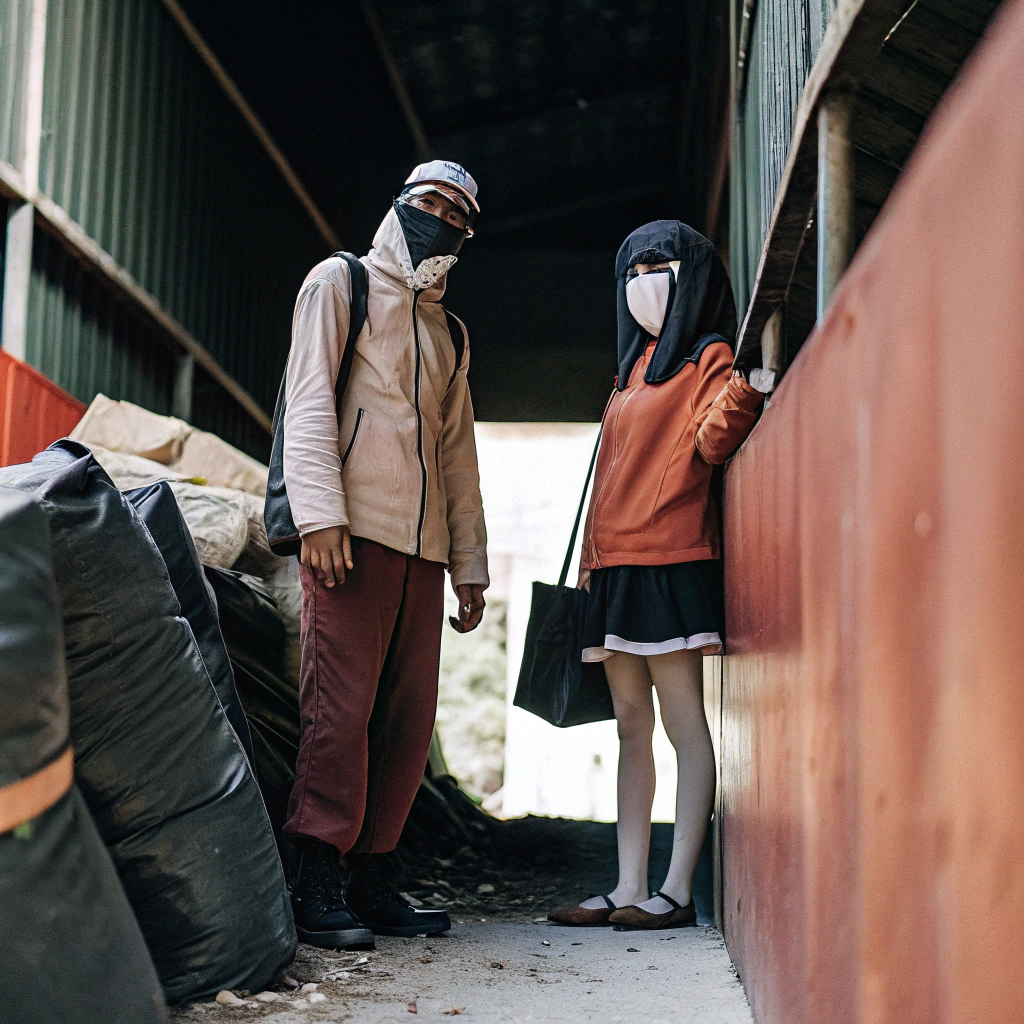 AI generated image by Red Panda AI: A full beach outfit fitted skinny guy standing in a landfill. He has an anime girl by his side.
