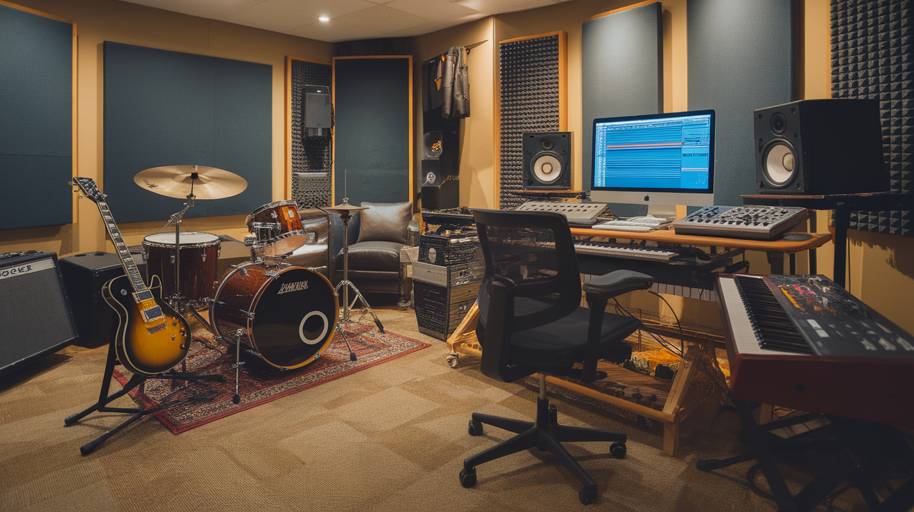 AI generated image by ideogram 2.0: Create a studio located in a music lab, in a home style. That is, it should be a room similar to a home room, in which there will be musical instruments: a guitar, electric drums, a computer (the screensaver will be a program for creating music, where audio tracks are displayed), a midi keyboard. There is a carpet on the floor, noise-insulating lining on the walls. All this should create an atmosphere of comfort almost like home.