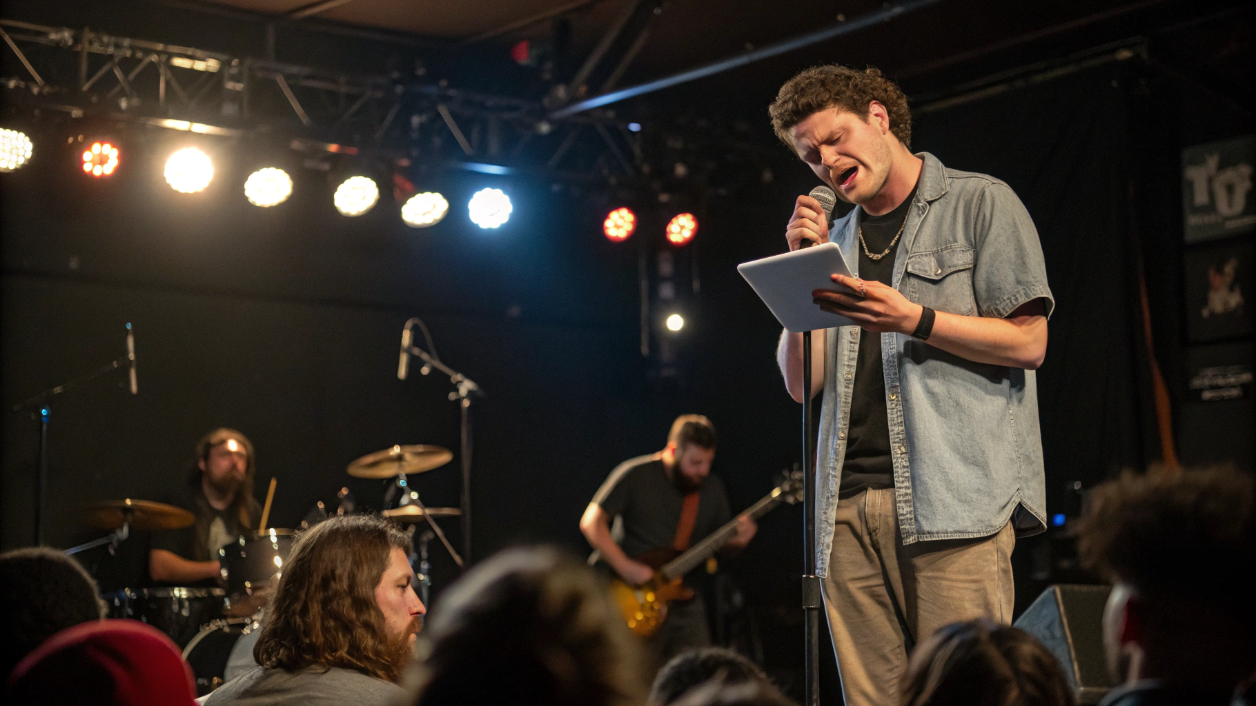 AI generated image by Red Panda AI: Singer stands on stage reading lyrics from a an iPad.  The singer looks confused.  The band and crowd are angry.
