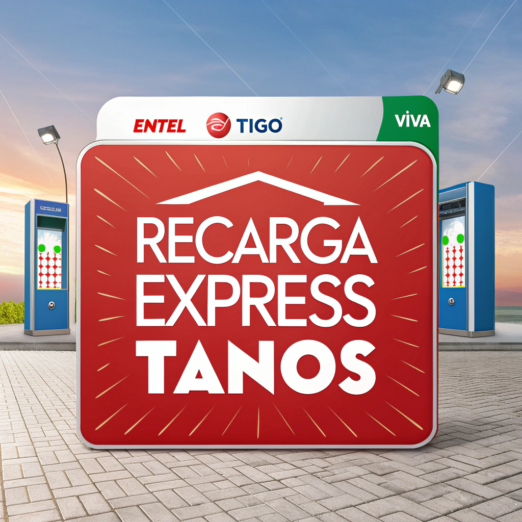 AI generated image by Red Panda AI: logo o eslogan con las palabras "recarga express tanos" con la tematica de recargas electronicas que sea llamativo, fondo los logos de las empresas telefonicas entel, tigo y viva