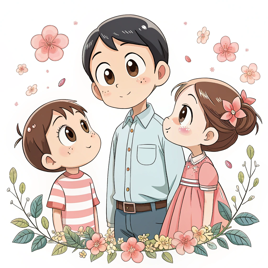 AI generated image by Red Panda AI: crea una ilustración digital anime kawaii, con personajes de rasgos infantiles, ojos grandes y expresivos, líneas limpias y un delicado arco de flores y hojas debajo de ellos. inspirado en el día del padre, que se vea solo la parte de arriba del cuerpo, el padre en el centro con una camisa celeste y delante de el a sus lados un niño pequeño con una camisa de rayas rosada blanca y una niña pequeña con un vestido rosado, en un fondo blanco.