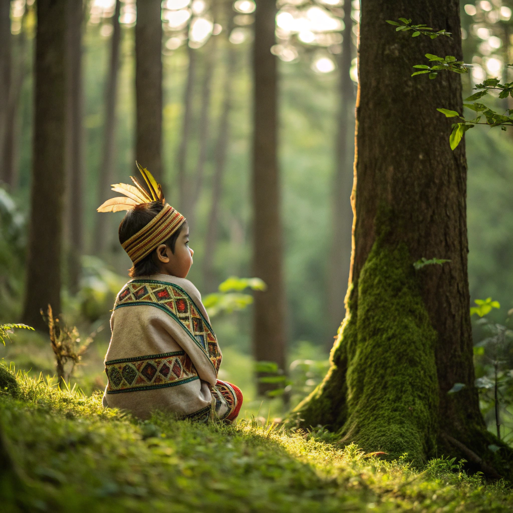 AI generated image by Red Panda AI: crea una imagen de un niño con vesti menta guarani de espaldaas sentado rodeado entre arboles