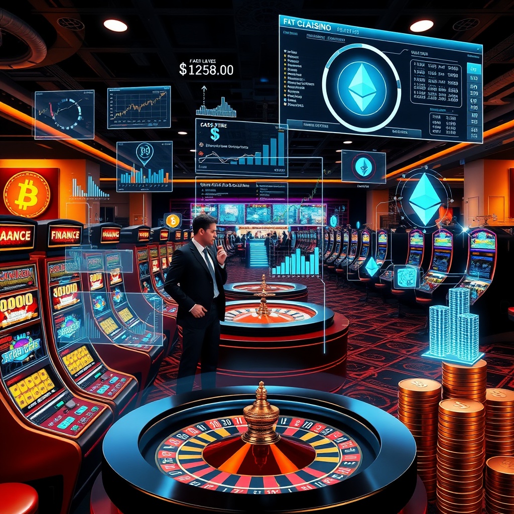 AI generated image by FLUX.1-schnell: A sophisticated and futuristic depiction of the integration of finance and online casinos. The image features a high-tech casino floor with digital displays showing financial charts, currency symbols, and cryptocurrency icons like Bitcoin and Ethereum. Slot machines and roulette wheels are overlaid with holographic visuals of profit graphs, stock market tickers, and cash flow diagrams. Executives in sleek attire analyze virtual dashboards, while glowing vaults and stacks of digital coins emphasize the financial aspect. The atmosphere is modern, innovative, and luxurious, symbolizing the profitable relationship between finance and the world of online gambling.