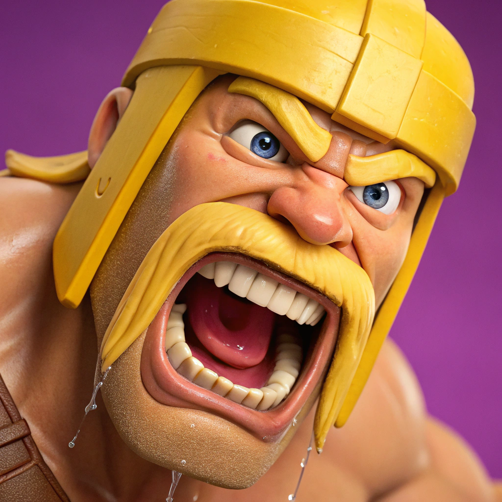 AI generated image by Red Panda AI: Close-up of a cartoon-style barbarian character from Clash of Clans with exaggerated facial expressions, featuring a muscular, golden-haired figure with a thick yellow mustache. The character has wide, intense blue eyes, a mouth wide open in a scream or shock, showing teeth and saliva dripping. The vibrant purple background enhances the humor and dynamic tone of the scene, emphasizing the iconic look of the Clash of Clans barbarian.