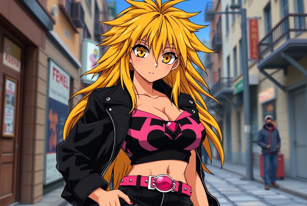 AI generated image by FLUX.1-schnell: takahiro kimura retro anime art, as gaogaigar character, 1997 anime style tv show screencap screenshot, golden orange eyes, big cartoonish eyes, golden yellow fallen grungy messy hair, big lionhair style, long messy spiky hair fringe bangs, tanned skin, black leather jacket, black leather pants, studded pink belt, black sport bra with pink and white designs, fit attractive femenine body with few muscular abs, woman, pink gem navel piercing, big breast, street background, better shaders