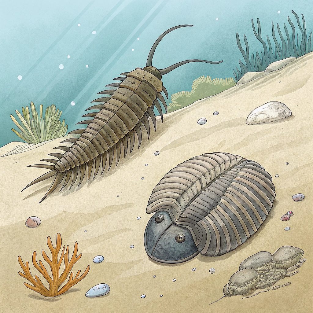AI generated image by Red Panda AI: Primeros animales con esqueletos y caparazones (trilobites y braquiópodos):

Dibujo: Un trilobite es un animal marino con un cuerpo segmentado en tres partes (una forma parecida a un "triángulo largo" o "C" invertida). Los braquiópodos tienen una forma parecida a una concha bivalva pero con una abertura en la parte superior. Podrías dibujar ambos juntos en el fondo marino.