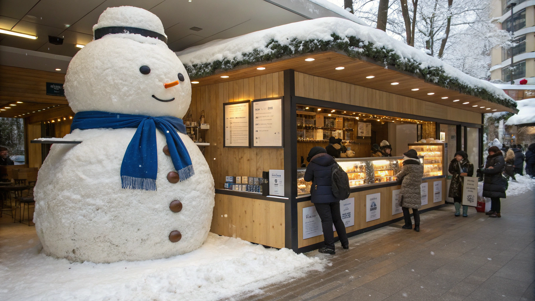AI generated image by Red Panda AI: 冬季天堂主题，白雪覆盖的奶茶店，以巨大的雪人作为侧边支撑结构。雪人由蓬松的白色毛皮材料制成，脖子上缠着克莱因蓝色的围巾。它采用开放式布局，前面有产品展示和服务栏。环境舒适温馨。也有人过来拍照。