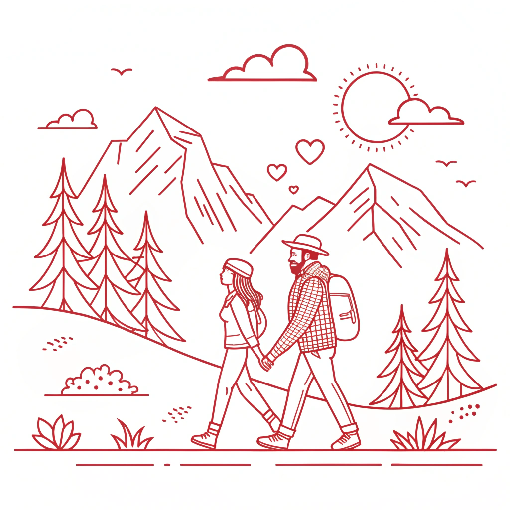 AI generated image by Red Panda AI: Line art illustration of a loving couple experiencing an adventure in the mountains. The drawing should depict elements like the couple walking or exploring, surrounded by mountains, trees, and possibly a minimalist sky with simple details like clouds or a sun. Everything should be designed with clean and simple lines, without shadows or complex fills, using only one color, red. The style should be modern and minimalist, following the rules of line art and avoiding a doodle-like approach. The composition should convey a sense of connection, love, and adventure in a natural setting.