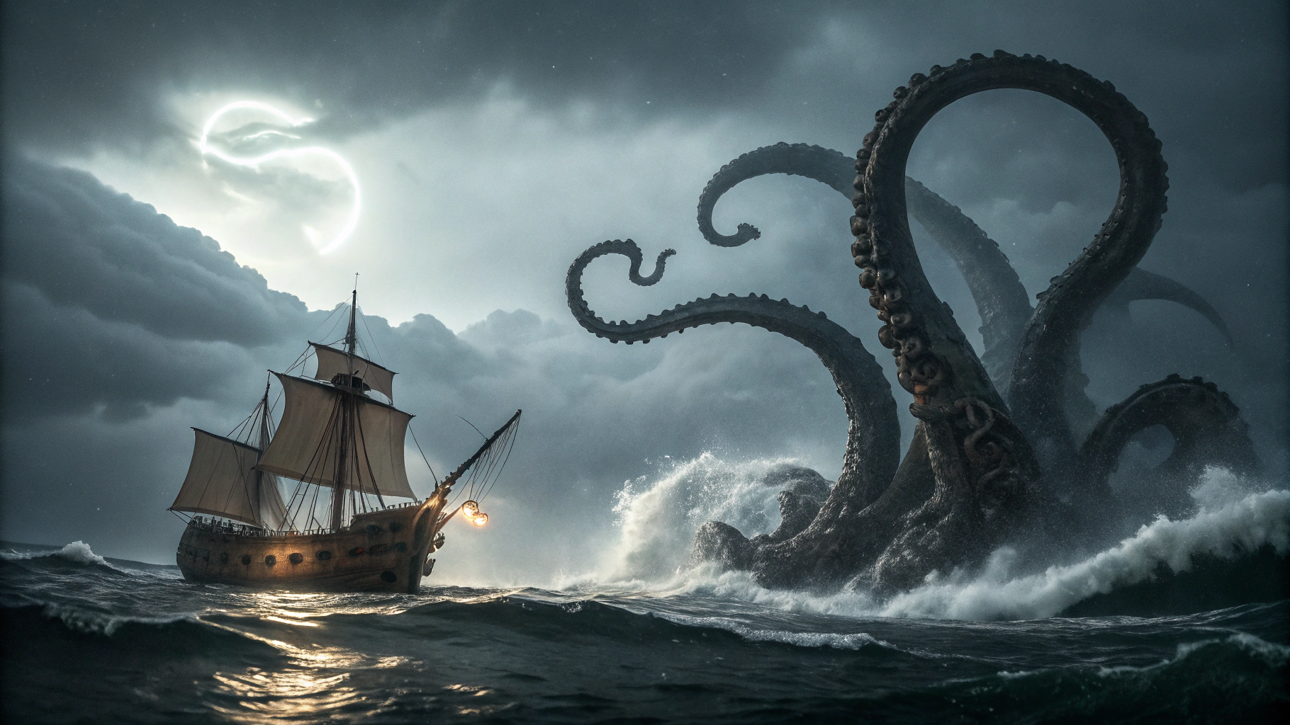 AI generated image by FLUX.1-schnell: an enormous tentacled sea monster violently emerges from the dark ocean, a wooden sailing ship is caught in the turmoil, moonlight filtering through the clouds and fog is the only light, the mood is ominous and gritty giving the scene an intense and epic vibe