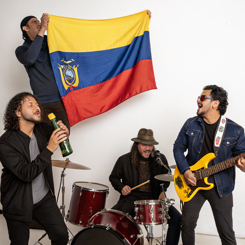 AI generated image by Red Panda AI: Un grupo de 4 amigos, uno sobre la cerveza, 1 toca la batería, y la guitarra y otro el bajo y canta. Los tres son rockeros y tienen la bandera de chile y ecuador