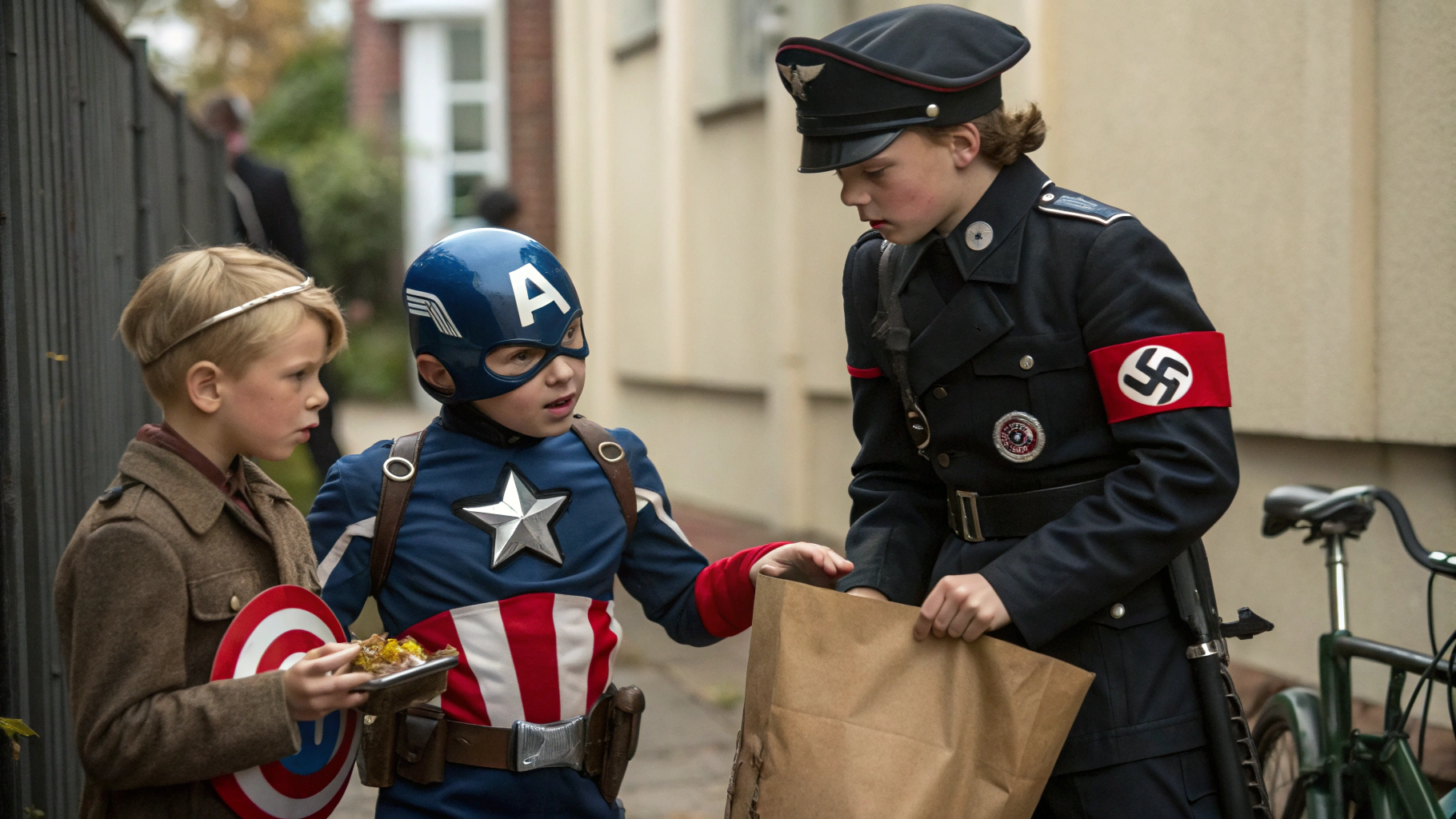 AI generated image by Red Panda AI: Cinematic realism. Long shot of three angry 10 year old White kids, First kid wearing a Captain America costume, 2nd one wearing a cop costume, 3rd kid wearing a Nazi general costume and they take a bag of candy from a 7 year old black kid wearing regular clothes standing next to bicycle. One kid is writing a speeding ticket and the other two are confiscating big bags of candy. 35mm camera