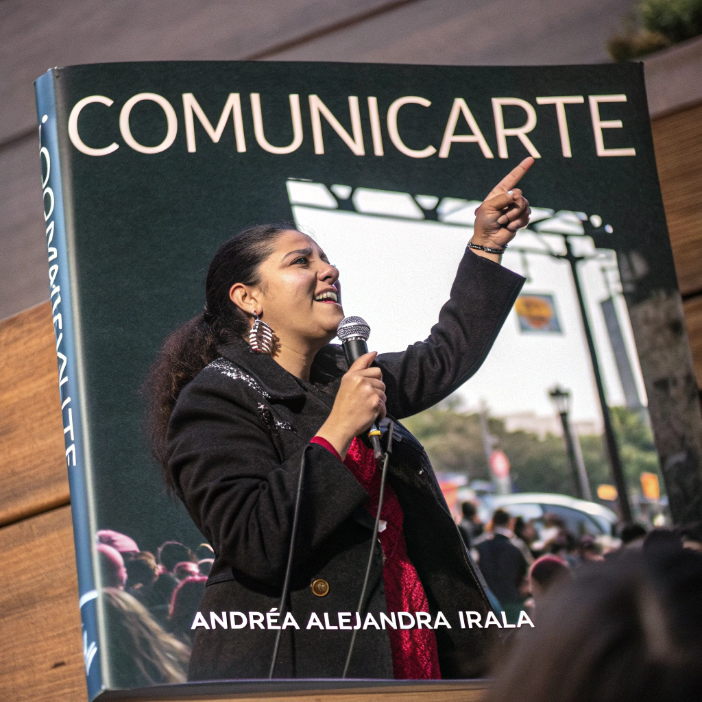 AI generated image by Red Panda AI: Portada de un libro con el titulo ComunicARTE y abajo el nombre de la autora Andrea Alejandra Irala, con una mujer empoderada hablando por microfono frente a personas