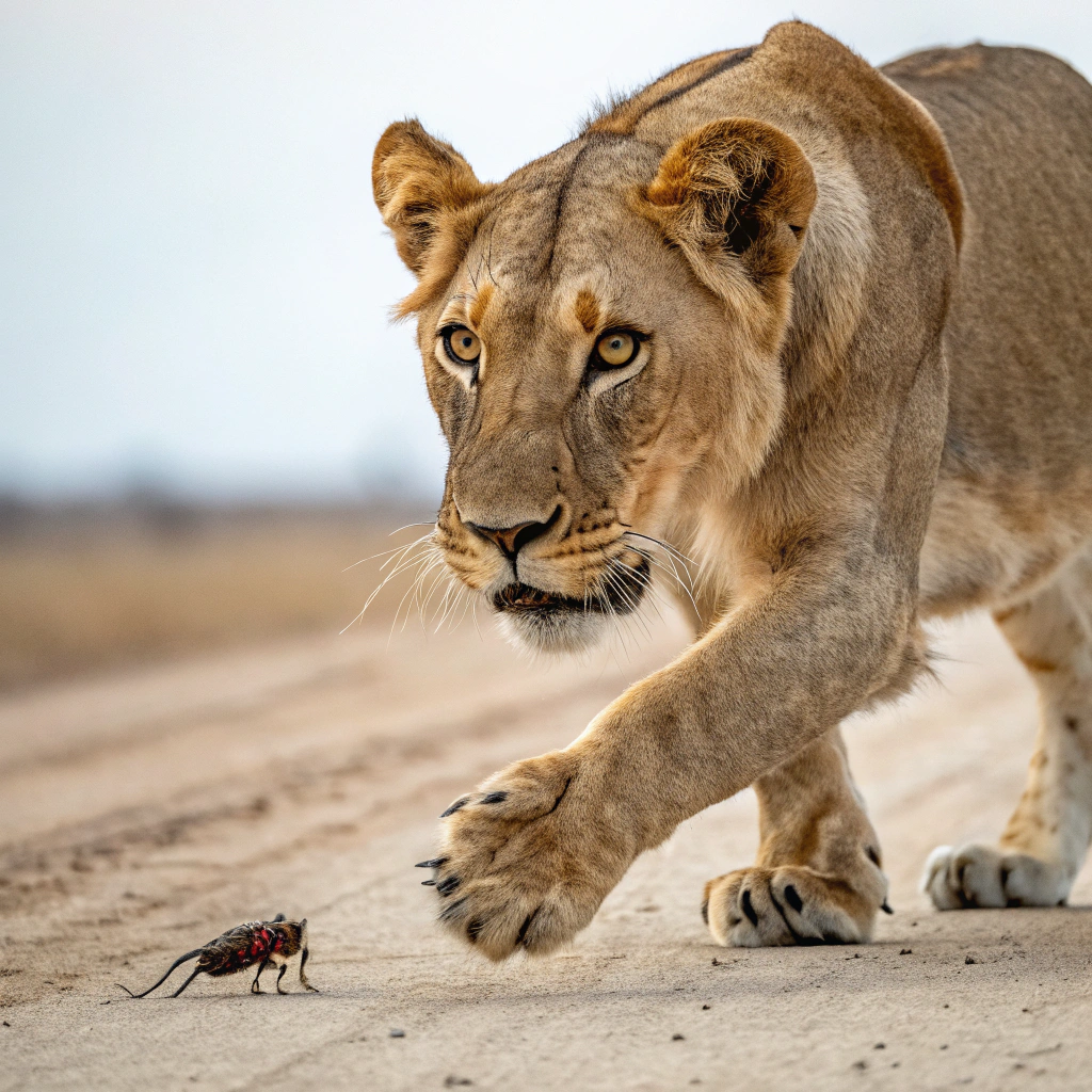 AI generated image by Red Panda AI: A lion ready to step in a cockroach 